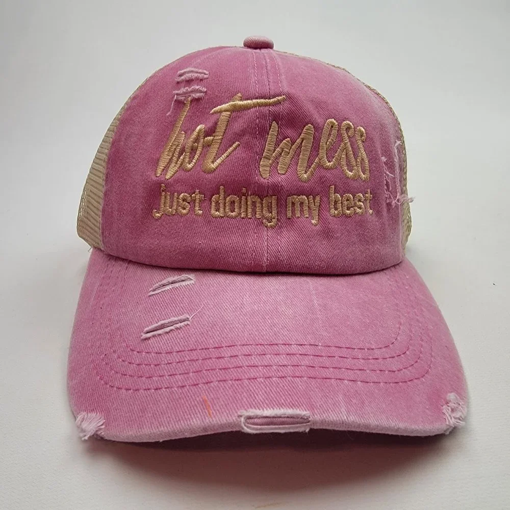 Hot Mess Just Doing My Best Women's Ponytail Cap Hat Pink Mesh Cot…